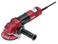 Red FLEX angle grinder with black side handle and spinning grinding disc, shown from a side angle on a white background