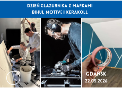 Banner advertising a tiler training day in Gdańsk on 22.05.2026 with logos of Kerakoll, BIHUI and Motive; three photos showing tiling, cutting, and masking tape.