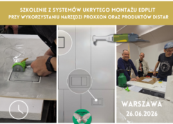 Banner for a training event on hidden installation systems using Proxxon tools and Distar products, Warsaw, 26.06.2026.