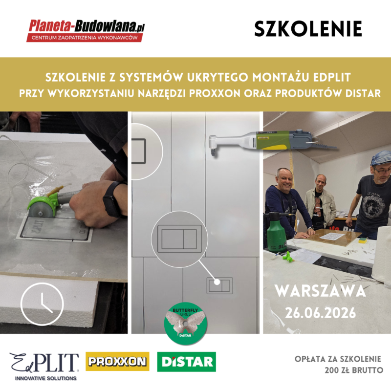Banner for a training event on hidden installation systems using Proxxon tools and Distar products, Warsaw, 26.06.2026.
