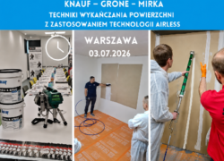 Banner advertising a training event on surface finishing with airless technology by Knauf, Gröne, and Mirka; three workshop photos in Warsaw dated 03.07.2026.