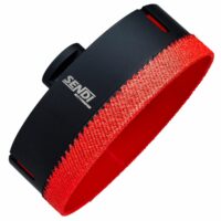 Red fabric loop band with black plastic end and a white logo on the side, likely a wearable wrist strap