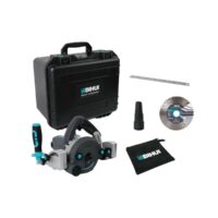 BIHUI electric cutting system with a compact black carrying case and cordless saw with blue accents, plus accessories (ruler, grinding disc, drill attachment, and pouch)
