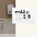 Collage of plumbing installation parts spread on a white sheet, with assorted fittings and tools on a cardboard background.