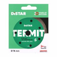Green packaging for a 76 mm ceramic tile grinding disc by Distar, highlighting low vibration and professional diamond tool branding.