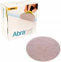 Mirka Abranet dust-free sanding box with a round pink sanding disc (mesh abrasive) next to it.