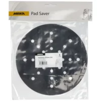 Round black sanding pad with multiple holes, in a clear plastic package labeled 'Mirka Pad Saver' (225mm).