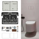 Product kit for bathroom installation: two black bags labeled PLTT, a white box with diagrams, and a modern white toilet with a compact tank. Includes installation components.