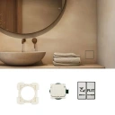 Minimalist bathroom vanity: round mirror, dual beige vessel sinks, and white towels; close-ups of towel ring, faucet, and accessories.