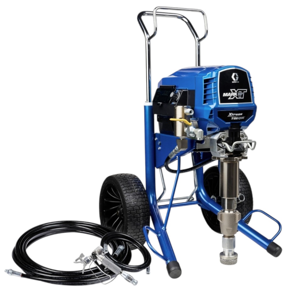 GRACO MARK HP XT Standard Agregat malarsko-szpachlarski (18H409) Blue Graco Mark HP Xtreme Torque high-pressure spray pump mounted on a wheeled cart with hoses and spray gun attachment