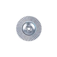 Circular flap disc with a central mounting hole and many abrasive flaps around the edge, used for grinding or sanding.