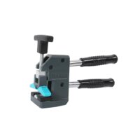 Small woodworking bar clamp with two metal bars, a screw-adjusted jaw, teal release lever, and gray body used to hold pieces together