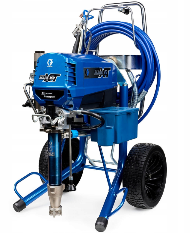 NOWOŚĆ !! GRACO Agregat malarsko-szpachlarski Mark XV XT ProContractor (18H405) Blue portable power washer on a wheeled frame with a large blue hose reel and front spray gun (XTreme Torque model).