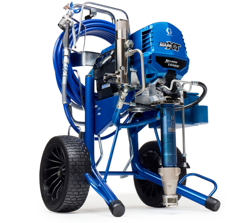 NOWOŚĆ !! GRACO Agregat malarsko-szpachlarski Mark XV XT ProContractor (18H405) Blue portable airless paint sprayer on a wheeled frame with coiled hoses and metal fittings, designed for heavy-duty painting jobs.