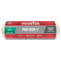 Plastic-wrapped roller with red label: Wooster Pro/Doo-Z, 3/4" nap for rough surfaces, smooth finish, shed-resistant.