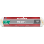 Roller paint cover labeled Wooster Pro/Doo-Z with 3/4 in nap for rough surfaces, smooth finish, shed-resistant packaging