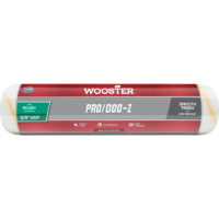 Roller paint cover labeled Wooster Pro/Doo-Z with 3/4 in nap for rough surfaces, smooth finish, shed-resistant packaging