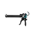 Caulking gun with black handle and teal trigger, used to apply sealant from a tube.