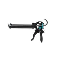 Caulking gun with black handle and teal trigger, used to apply sealant from a tube.
