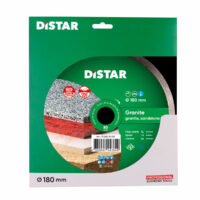 Distar 180 mm diamond cutting/grinding disc for granite and sandstone on green packaging with stone samples shown