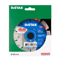 Packaging image of a Distar 125 mm concrete cutting disc with a blue wheel design, green outer box, and 'PROFESSIONAL DIAMOND TOOLS' label; shows 'Laser Welded' and 125 mm size.