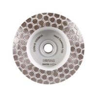 Circular diamond grinding wheel with a brown honeycomb (hexagonal) abrasive surface and a white center hub labeled Distar that houses the bore hole.