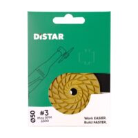 Distar green packaging for a gold spiral flap wheel; 50 mm diameter, center hole, max 6500 RPM, partially visible through a window.
