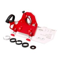 DISTAR Cutting guard GLIDER 45×115-125 nowa generacja 45° (71419034037) Red and white adjustable mounting jig with a clamp and two red knobs, plus several black circular spacers on a white background (informative tool image).