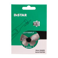 Green DISTAR packaging showing a metal drill bit and a circular blade labeled 'BUTTERFLY' 50 mm; slogan at bottom reads 'Work EASIER. Build FASTER.'