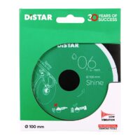 DISTAR Diamentowa tarcza tnąca 1A1R 101,6×0,6×22,23 Shine (11133034025) Green Distar packaging for a 100 mm diamond grinding disc, labeled 0.6 mm and Shine, with low vibration.