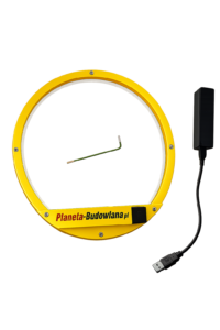 Mirka Led-Mirka: Profesjonalna Nakładka LED do Mirka Leros Yellow circular neon wall light with a green curved bar at the center, plugged into USB; advertising text 'Planeta-Budowlana pl' at the bottom.