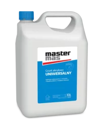 MasterMas Grunt akrylowy Uniwersalny 10 Litrów White plastic 10 L container labeled Master Mas universal acrylic primer for interior and exterior use
