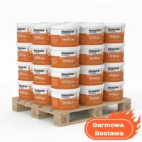 MASTERMAS Gładź Szpachlowa Top Roller 25 kg – Paleta 24 szt. (600 kg) Stack of orange-and-white paint buckets labeled 'Top Roller' on a wooden pallet with a free-delivery badge in the corner.