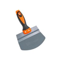 Wide drywall putty knife with orange and black ergonomic handle, gray metal blade.