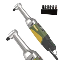 Proxxon rotary tool with two angled handpieces and a 6-piece bit set in a black holder, viewed at an angle.