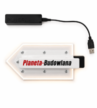 Pad ręczny do szlifowania ścian i sufitów LED typu DELTA („żelazko”)(PB-Ż) USB-powered light-up nameplate reading 'Planeta-Budowlana' mounted on a white acrylic base with screws, cable, and USB connector nearby