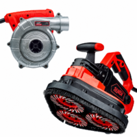 Red and black handheld floor scrubber with rotating brush wheels for cleaning floors