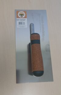 PACA NIERDZEWNA DO GIPSU 280MM UCHWYT KOREK (127128K) Close-up of a cylindrical tool with brown textured grip and black bands on a gray card, barcode sticker visible to the left.