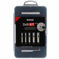 DISTAR Zestaw Wierteł Diamentowych Distar DrillKIT 6-12mm 5szt (89568442109) Plastic case containing a Distar Drill Kit with five metal drill bits and a top ruler; model shows sizes Ø6, Ø6, Ø8, Ø10, Ø12 (drill bits).