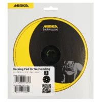 Mirka backing pad for net sanding, round black pad with yellow outer ring on packaging label (6"/150 mm) with bulldog logo in corner.