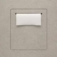 EdPlit UKRYTY UCHWYT NA PAPIER TOALETOWY WBUDOWANY W PŁYTKI EDPLIT (E70001) White hand towel protruding from a wall-mounted recessed paper towel dispenser on a gray wall.
