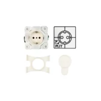 White modular electrical outlet with a circular socket, plus mounting frame, a square diagram/label, and a circular plug cap.