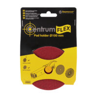 DISTAR Podstawa elastyczna 100*M14 CentrumFlex (89568444001) Centrum FLEX pad holder Ø100 mm packaging with a red abrasive pad and tool-assembly diagram on a black-yellow card, showing max RPM 6500.