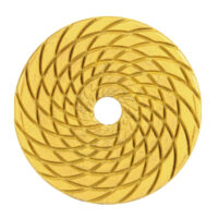 DISTAR Pad polerski do ceramiki, gresu 100x3x15 CoolPAD 3 (90238082020) Yellow circular grinding wheel with spiral grooves and a central bore hole.