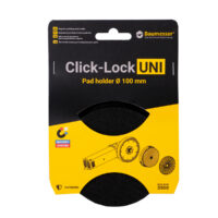 MECHANIC Click-Lock UNI Szlifierka kątowa (89568442046) Packaging for Baumasser Click-Lock UNI pad holder, Ø100 mm, with a black pad visible through a window on yellow/black card