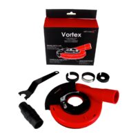 MECHANIC Osłona odsysania pyłu Vortex (89568442104) Vortex dust‑extraction kit for an angle grinder, red housing with inlet nozzle and mounting clamps.