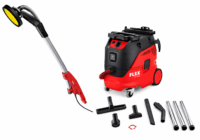 Red and black wet-dry vacuum with hose and multiple cleaning attachments laid out on a white backgroundをご