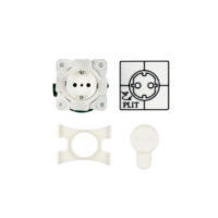 Set of white electrical mounting parts: a 3‑pin DIN socket, a diagram insert, a circular mounting clip, and a small round plug with tab.