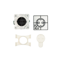 White modular electrical socket kit: a 3‑pin round panel socket, a PLIT diagram insert, and two white mounting adapters/mounts.