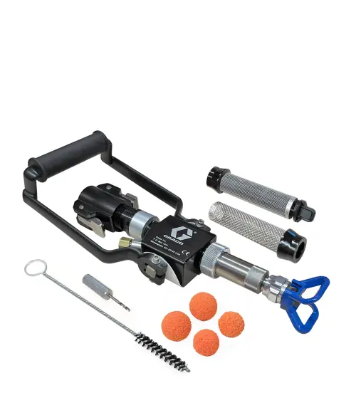 GRACO Lanca (pistolet) T-Max 506, 657 Graco New do szpachli i tynków dekoracyjnych ze złączem żeńskim (17Z054) Portable air inflator with gauge and blue valve, plus filter cartridges and cleaning brush. Includes orange polishing pads and small tools.